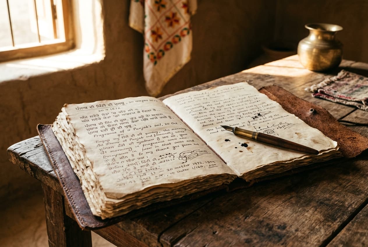 Old Punjabi manuscript journal open on wooden table